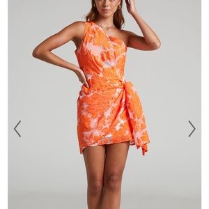 Hello Molly Orange and White One Shoulder Mini Dress
